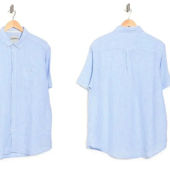 NWT Report Collection Short Sleeve Button Down Shirt Linen Stripe - Picture 2 of 7